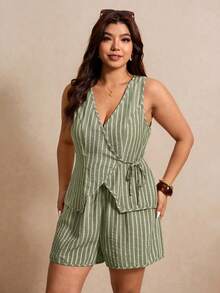 Elaquor Plus Size 2-Piece Set, V-Neck Sleeveless Sage Green Shirt, Elegant Boho Casual Office Vacation Outfit, Shorts Tie-Up Business Commuter Suit Summer - Green - View 3