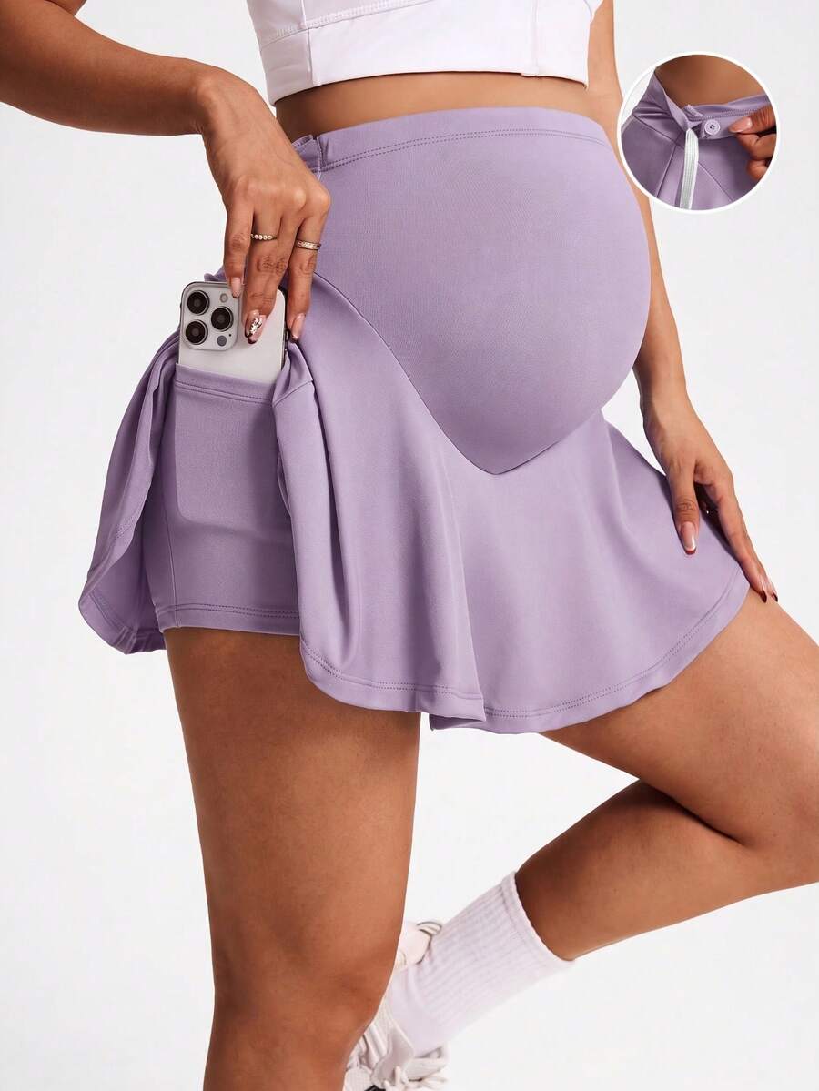 SHEIN 孕婦純色可調腰圍休閒運動戶外裙褲 - 紫色 - 查看 1