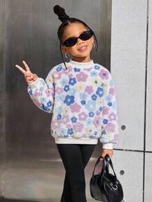 Emery Rose Kids Emery Rose Kids 兒童青少年女孩花卉圖案長袖秋冬衛衣，彩色花卉印花套頭衫，休閒運動戶外優雅抓絨套頭衫 - 彩色 - 查看 4