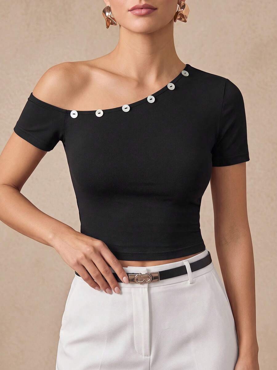 SHEIN Women's Solid Color Oblique Shoulder Button Design Short Sleeve Cropped Fitted T-Shirt - Multicolor - View 1