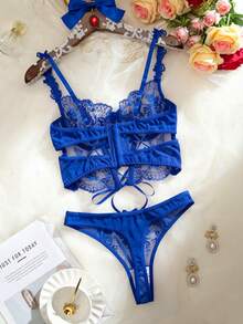 SHEIN Conjunto sexy de 2 piezas con bordado transparente - Azul - Ver 2