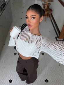 Muchica Casual Crochet Casual Knit Sweater White - White - View 4
