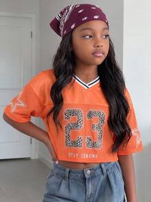 SHEIN Tween Girls' Fashion Sports Casual Street Style Orange Mesh Numeric Pattern Baseball Jacket, Suitable For World Cup, Sports Events, Music Festivals - Orange - View 1