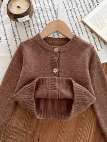 SHEIN Young Girls Cardigans Autumn/Winter Fitted Crew Neck Sweater Jacket - Brown - View 8