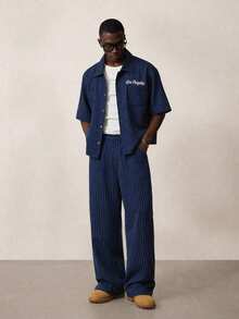 STYNVO Men's Striped Letter Embroidered Shirt And Pants Set - Navy Blue - View 2