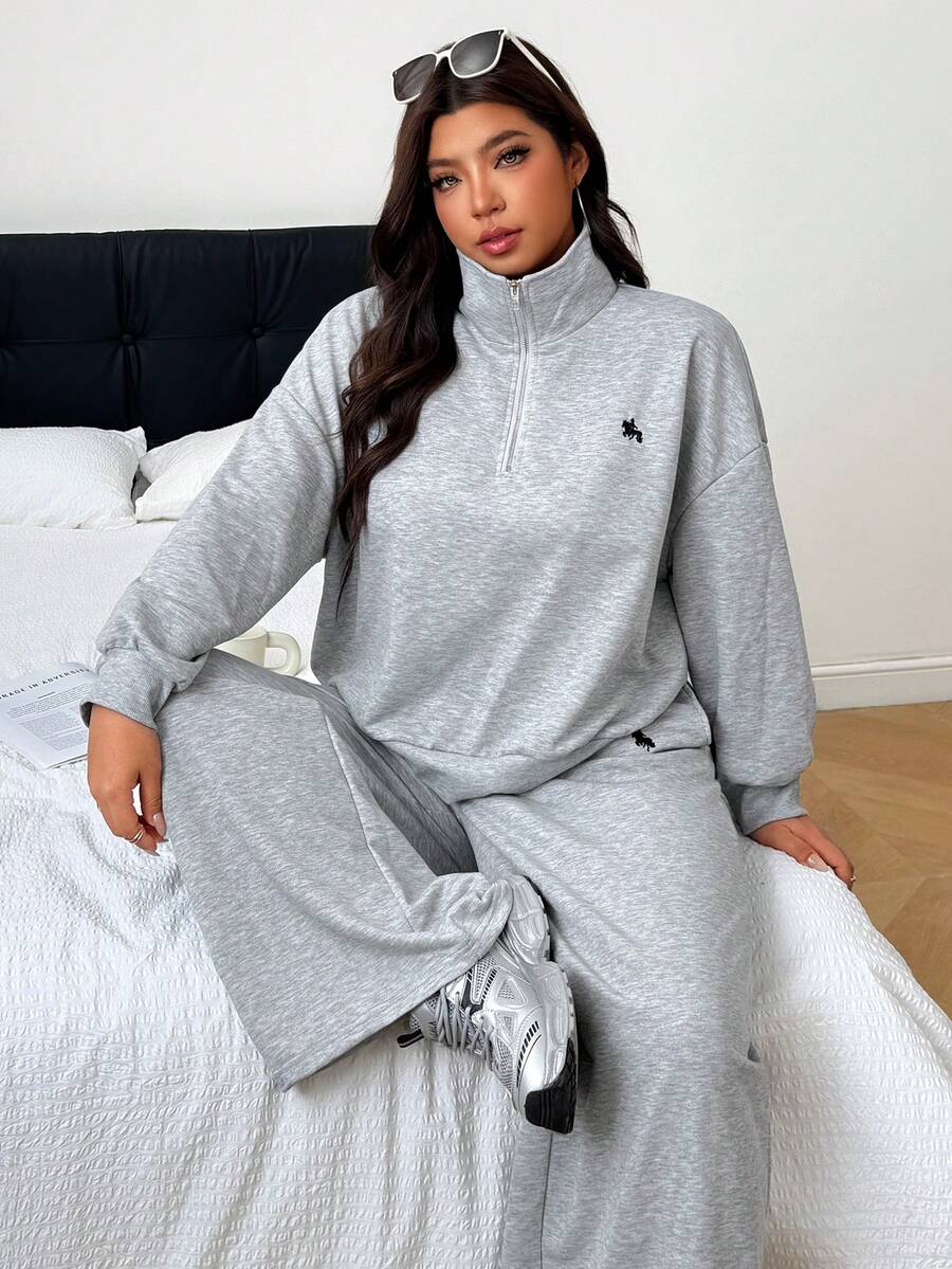 SHEIN EZwear Plus Size Women's Equestrian Pattern Long Sleeve Top And Pants Casual Daily Outfit Fall