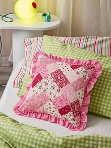 SHEIN 1 Piece, Retro Patchwork Ruffle Edge Pillow Cover, Ambient Flower Cushion Cover, Sofa Bedroom Home Decoration 30 * 50cm/45 * 45cm 3 Optional - Multicolor - View 4