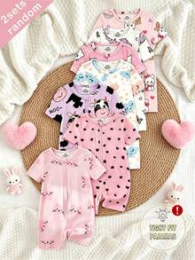 5pcs/Set Random Blind Box, 2pcs Baby Girls' 2-Piece Set Includes Short Sleeve Tops And Shorts, Light Pink, Purple, White, Heart, Cat, Rabbit, Cow, Cloud, Star, Elephant Cute All-Over Print, Casual, Stretchy, Soft, Zipper, Homewear, Suitable For Summer, Bodysuit - Multicolor - View 6