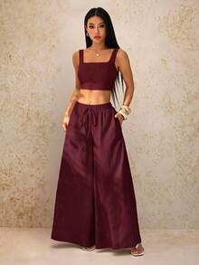 SHEIN PETITE New Spring/Summer Vacation Casual Fishbone Strap Top And Wide Leg Long Pants With Pockets 2 Pieces Set Textured Fabric Outfit - B - Burgundy - View 7