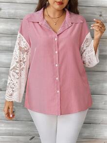 EMERY ROSE Plus Size French Fashion Red And White Lace Patchwork Single-Breasted Shirt Teachers' Day Office Brunch Formal Elegant Summer Fall Autumn - Pink - View 2