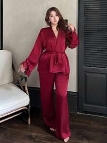 Dazy Plus Conjunto de pijama de 2 piezas rojo elegante con rayas de color contrastante, puños de encaje y patchwork para Año Nuevo, talla grande - Burdeos - Ver 8
