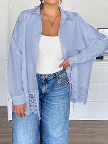 SHEIN Essnce Blusa de Talla Grande unicolor con Patchwork de Encaje Otoño - Celeste - Ver 7