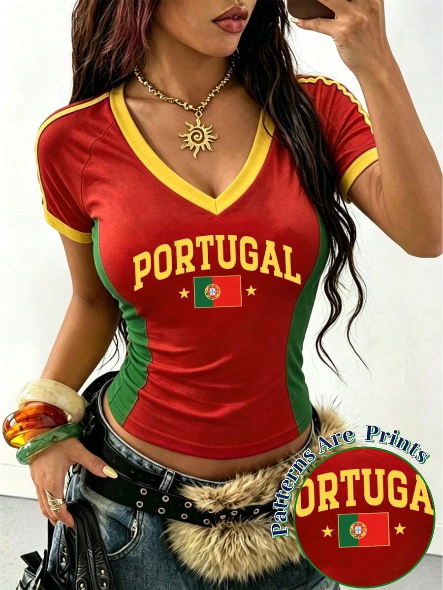 INAWLY Women's Y2K Portugal Print Crop Top, Retro "PORTUGAL" Graphic T-Shirt, Perfect For Summer Beach, Casual Streetwear & Vacation Outfits - Multicolor - View 1