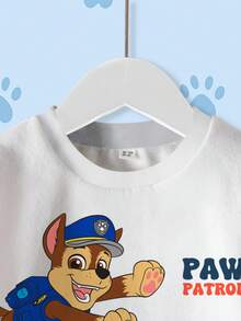 SHEIN | PAW Patrol 年轻男孩休闲时尚街头卡通字母印花撞色落肩宽松套头卫衣 - 白色 - 查看 3