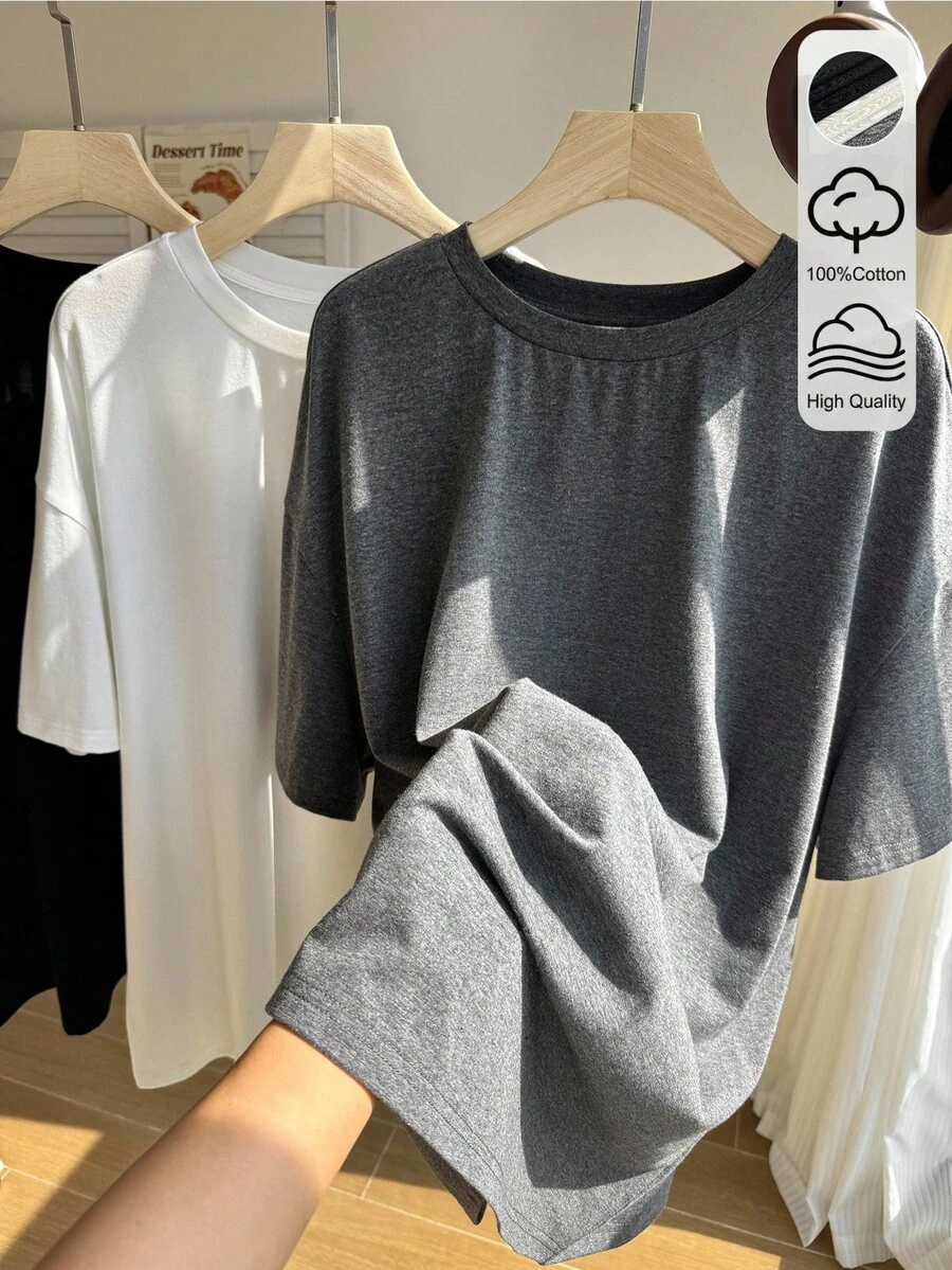Comfortcana 春夏服飾 白色+黑色+灰色 3色圓領俐落百搭短袖寬鬆大尺碼T恤 3件組 春夏百搭俐落寬鬆T恤多件套裝 - 彩色 - 查看 1