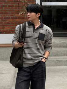 DAZY Spring/Autumn Grey Body Black Striped Jacquard Collar Contrast Color Polo Neck Men's Sweater - Grey - View 2