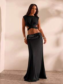Opulessa Frühling/Sommer Urlaub einfarbiges Strick-Rückenfrei-Top Rock Damen 2-teiliges Set Party Club Nachtausgang Schwarz Sexy - Schwarz - Übersicht 3