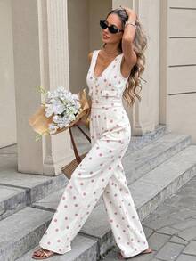 SHEIN EZwear 女款波點印花休閒日常牛仔連身褲 秋季優雅前扣式上班連身褲 - 白色 - 查看 5