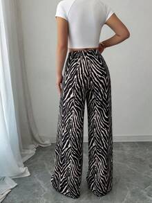 SHEIN Clasi Women's Fashionable Drawstring Waist Zebra Print Long Pants For Vacation Holiday White And Black Autumn Casual - Black and White - View 2