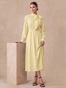 Almamuse Women's Elegant Ruched Ruched Tie Neck Lantern Sleeve Long Dress - Light Yellow - View 1