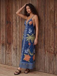 CAJUNI 女款度假金剛鸚鵡與棕櫚樹刺繡洋裝 海軍藍花卉夏季熱帶海灘風 - Dark Blue - 查看 4