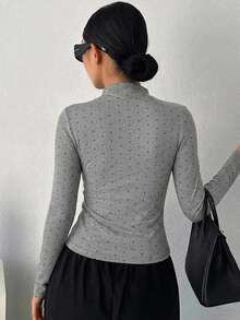 DAZY 女款修身立領波點印花長袖T恤 - 灰色 - 查看 3