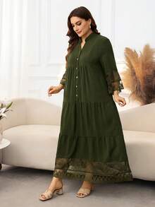 Lacomfia Plus Size Women's Long Sleeve Stand Collar Lace Trim Patchwork Comfortable Half-Open Front Wooden Button Decor, Split Lace Patchwork Fashion Dress - Army Green - View 5