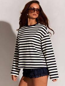 Athîral Women's Casual Grey Striped Back Red Letter Print Crew Neck Long Sleeve T-Shirt, Back To School Season - Grey - View 5