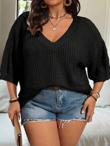 SHEIN CURVE+ Maglione casual oversize con scollo a V, maniche corte e design traforato, adatto per primavera ed estate - nero - Visualizzare 5