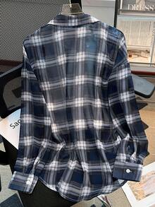 Resyla Plus Size Plaid Print Button-Front Casual Long Sleeve Shirt Fall - Blue - View 2