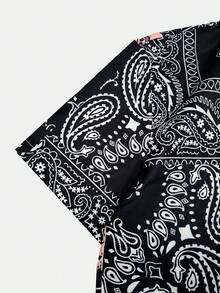 ROMWE MEN Street Life Men's Plus Size Colorblock Patchwork Cashew Flower Print Shirt - Black - View 3