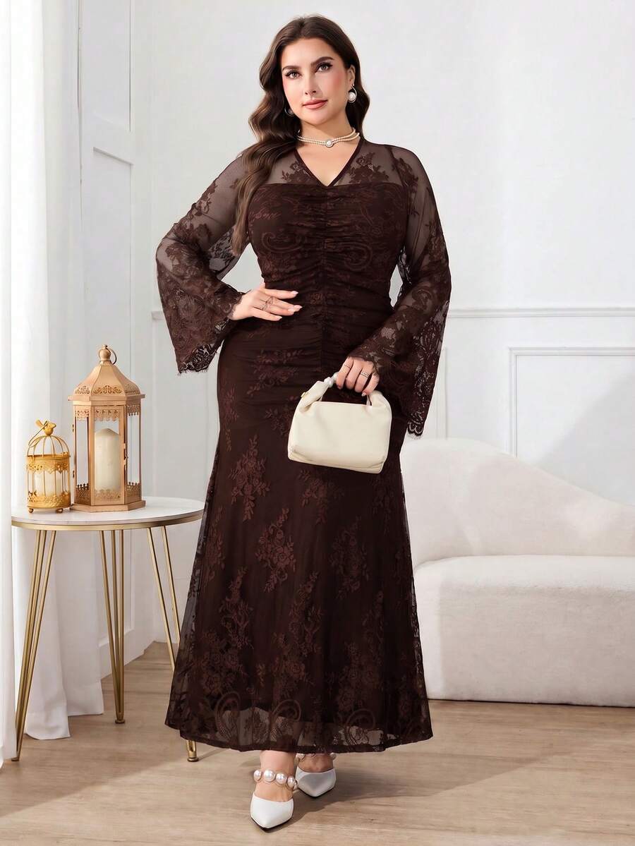 Modelyn Plus Size Elegant Party Solid Color Lace Flare Sleeve Dress - Coffee Brown - View 1