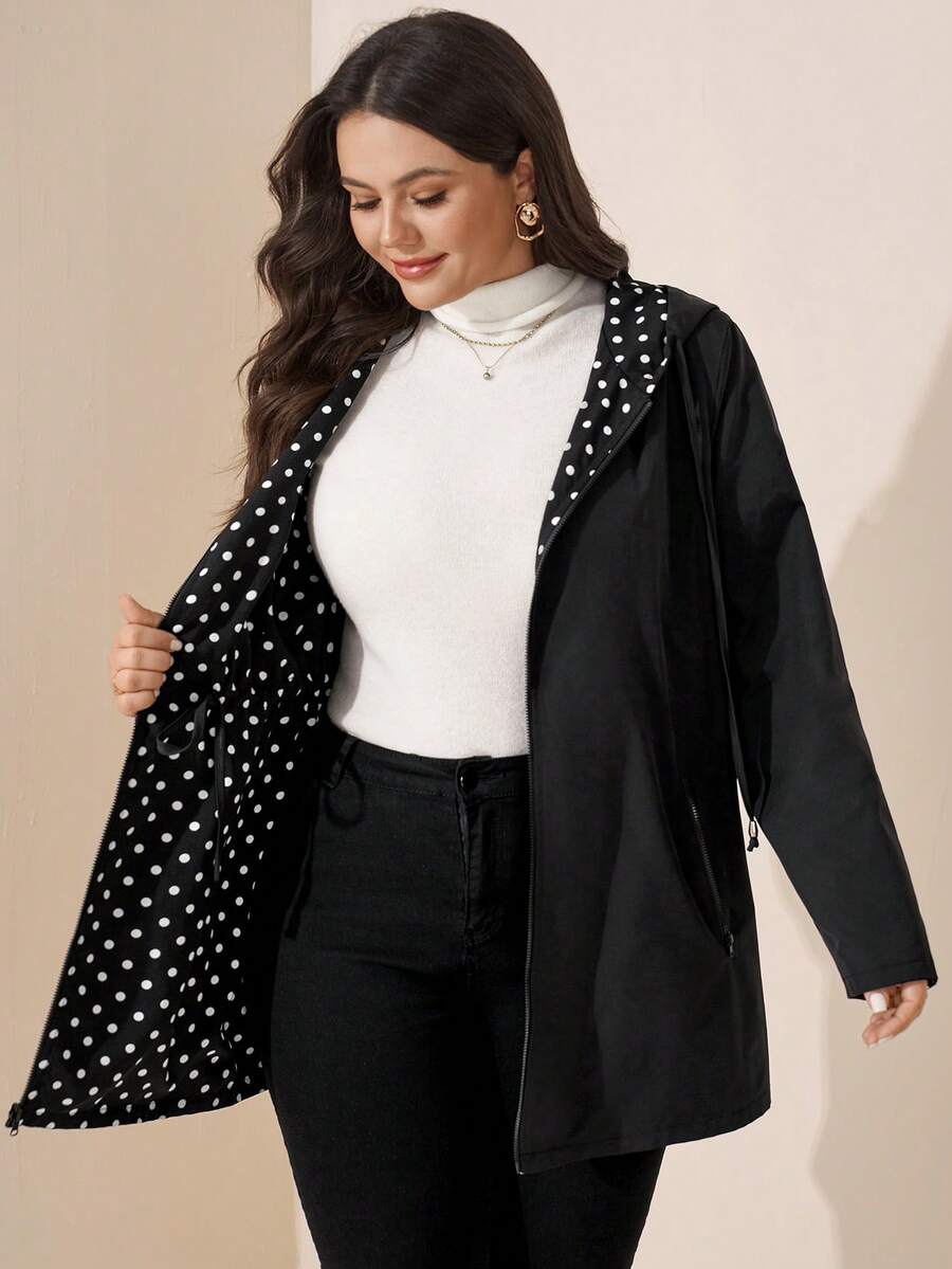 Comfylo Chaqueta de manga larga holgada y versátil con capucha y cordón para mujer de talla grande, casual, para uso diario, otoño, oficina, maestra, vacaciones familiares, color negro - Negro - Ver 1