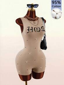 Amplova Women's Letter Print Rivet Sexy Round Neck Fitted Romper Unitard - Brown - View 10