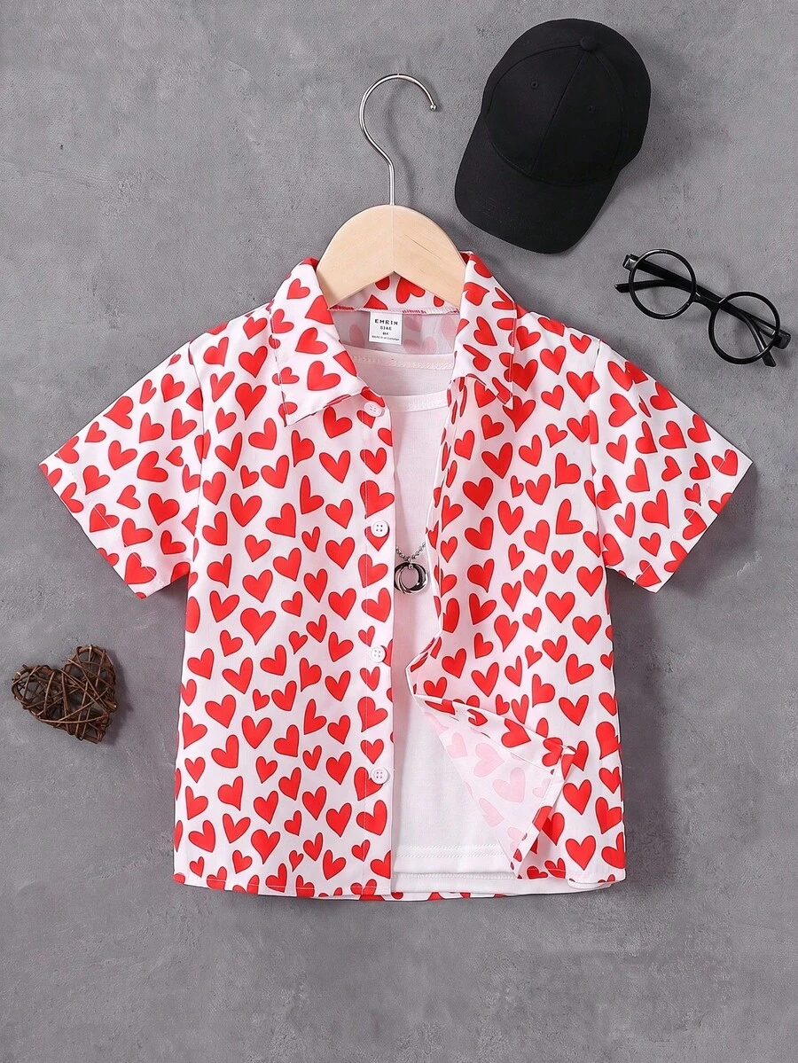 SHEIN Young Boys Red Heart Print Fashion Versatile Comfortable Casual Shirt - Multicolor - View 1