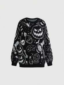 ROMWE Dark Gothic Black Cat Skull Star Moon Snake Jacquard Loose Fit Plus Size Pullover Sweater Halloween Women Fall Winter Sweater - Black - View 1