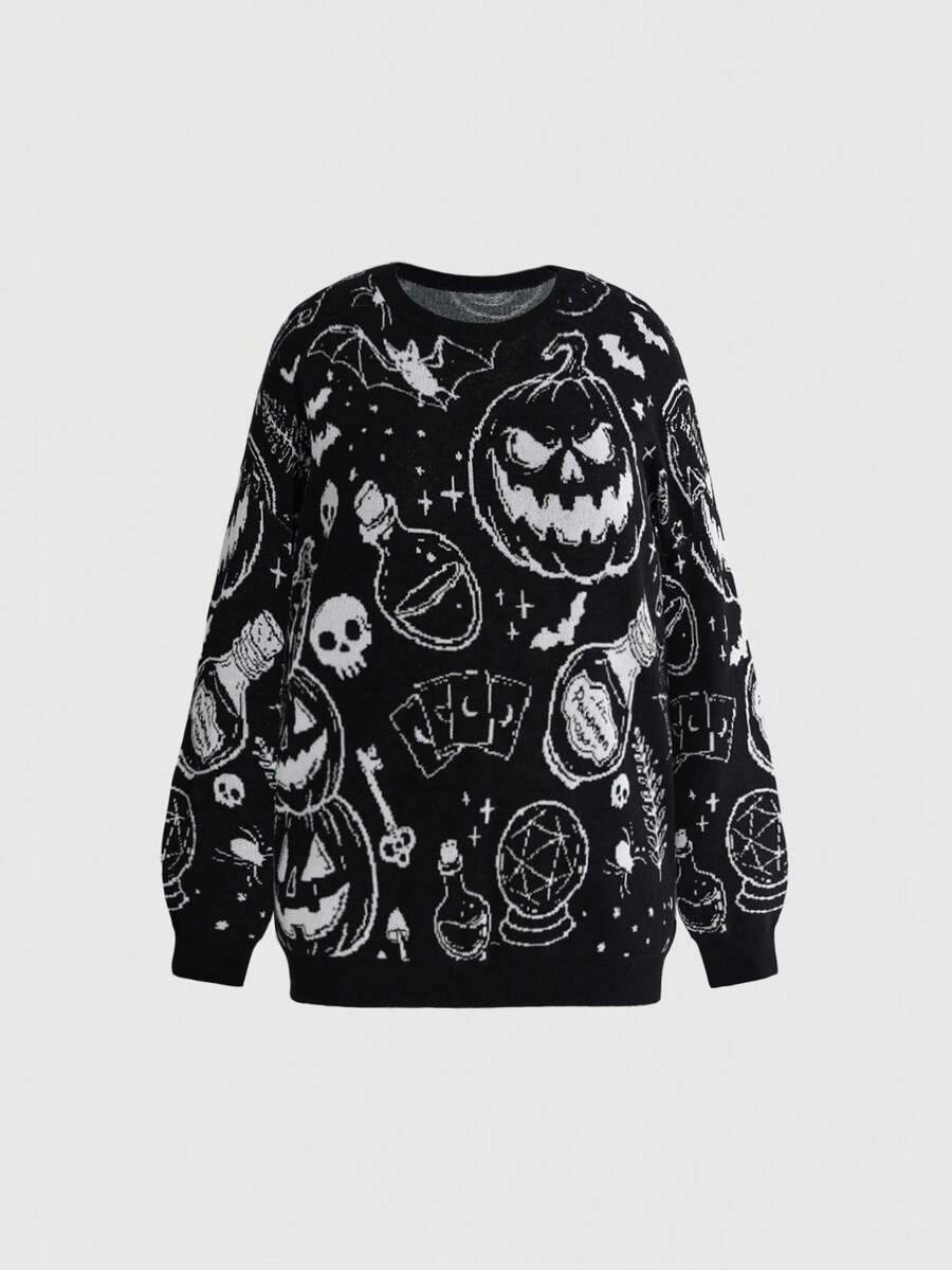 ROMWE Dark Gothic Black Cat Skull Star Moon Snake Jacquard Loose Fit Plus Size Pullover Sweater Halloween Women Fall Winter Sweater - Black - View 1