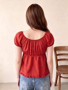 Tideelle Red And White Polka Dot Puff Sleeve Ruffle Crop Blouse, Coquette Cute French Sweet Style, Summer, Daily Picnic Vacation Everyday Date Street - Red - View 3
