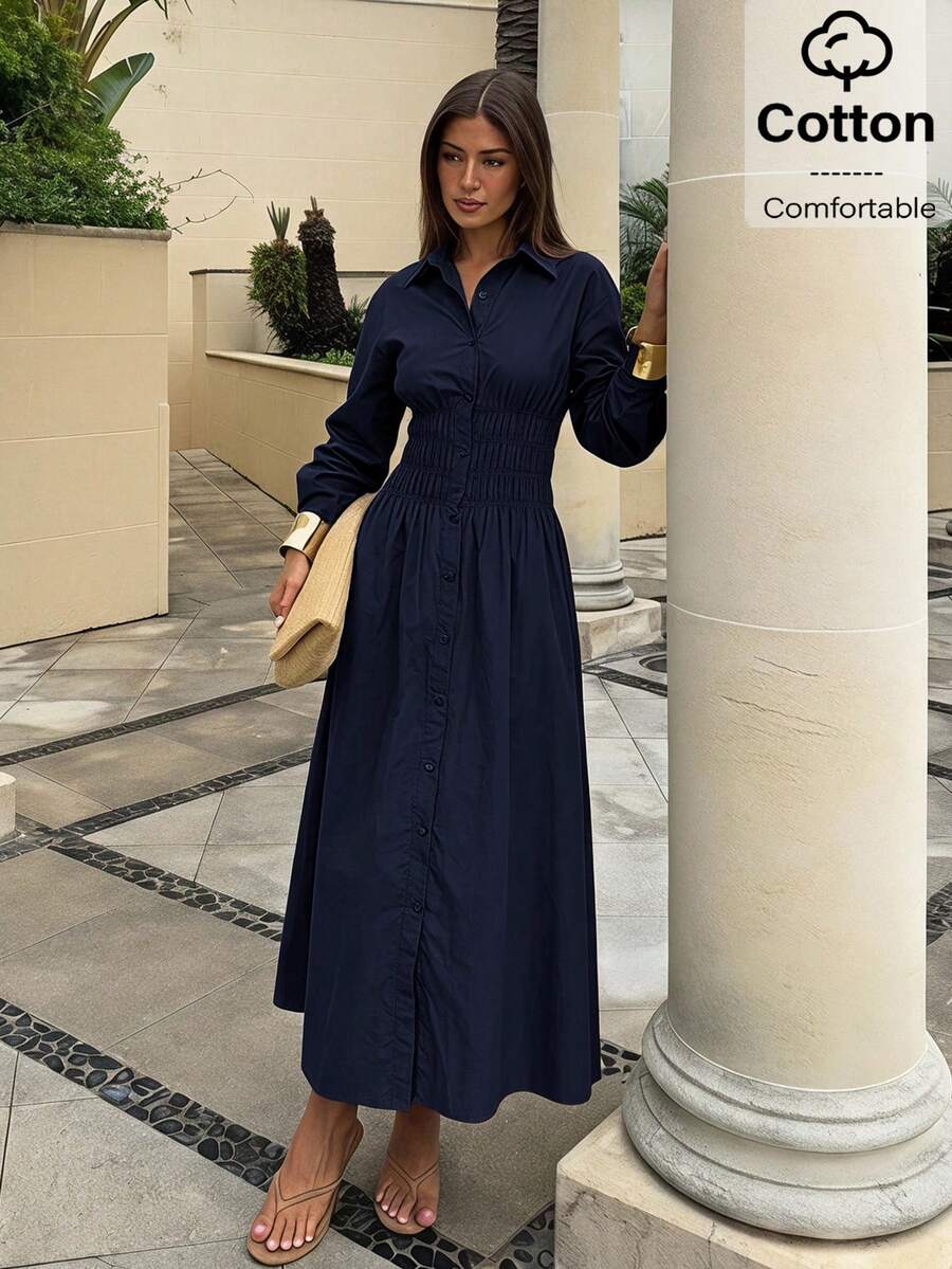 Siren Gaze Women's Elegant Commute Solid Color Front Button Long Dress - Navy Blue - View 1