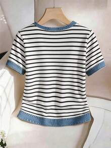GlowEve CURVE Plus Size Women's V-Neck Effect Patchwork Striped Short Sleeve Shirt, Summer - Multicolor - View 2