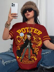 HARRY POTTER X SHEIN 大尺碼夏季休閒卡通印花T恤 - 白色 - 查看 4