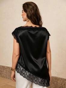 Juhart Plus Size Lace Women's Brown Satin Stretchy Fabric Comfortable Asymmetric Hemline - Black - View 2
