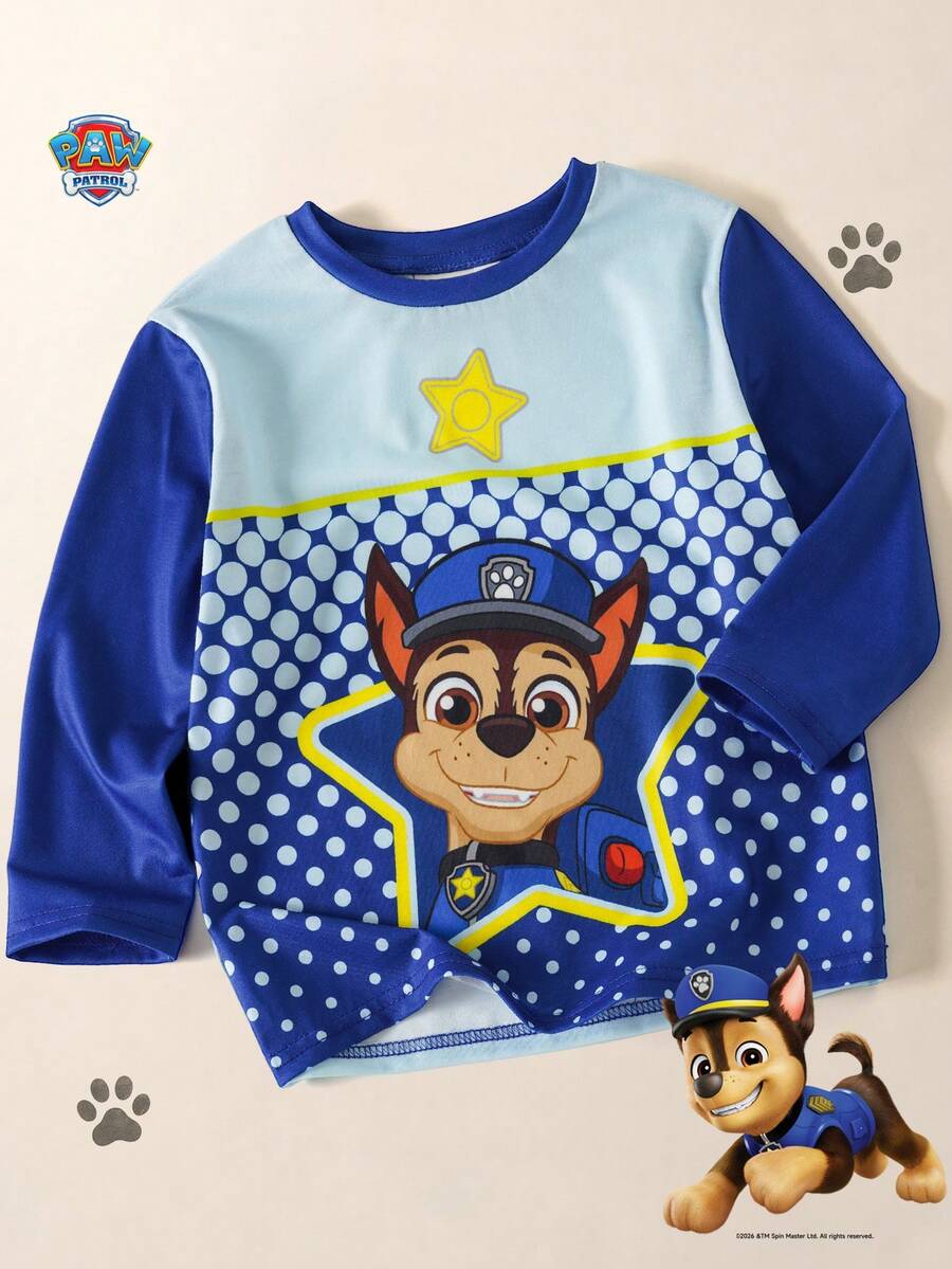 Maija Kids SHEIN | PAW Patrol Maija Kids 兒童小男孩波點卡通印花休閒日常長袖T恤 - 藍白色 - 查看 1