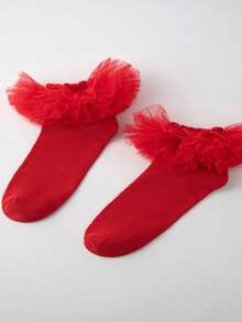 ROMWE Kawaii Women's Medium Tube Socks With Ruffled Edges, Lace Ruffles - Red A6 - View 3