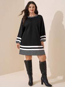 Comfylo Loose Long Sleeve Mid-Length Black Print Plus Size Dress Office Formal Evening Autumn Elegant - Black - View 3