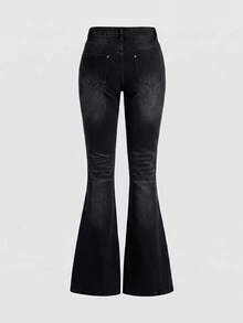 ROMWE Spring/Summer Y2K Harajuku Sexy Cross Distressed Frayed Skinny Ultra Low Waist Women's Jeans - Black - View 2