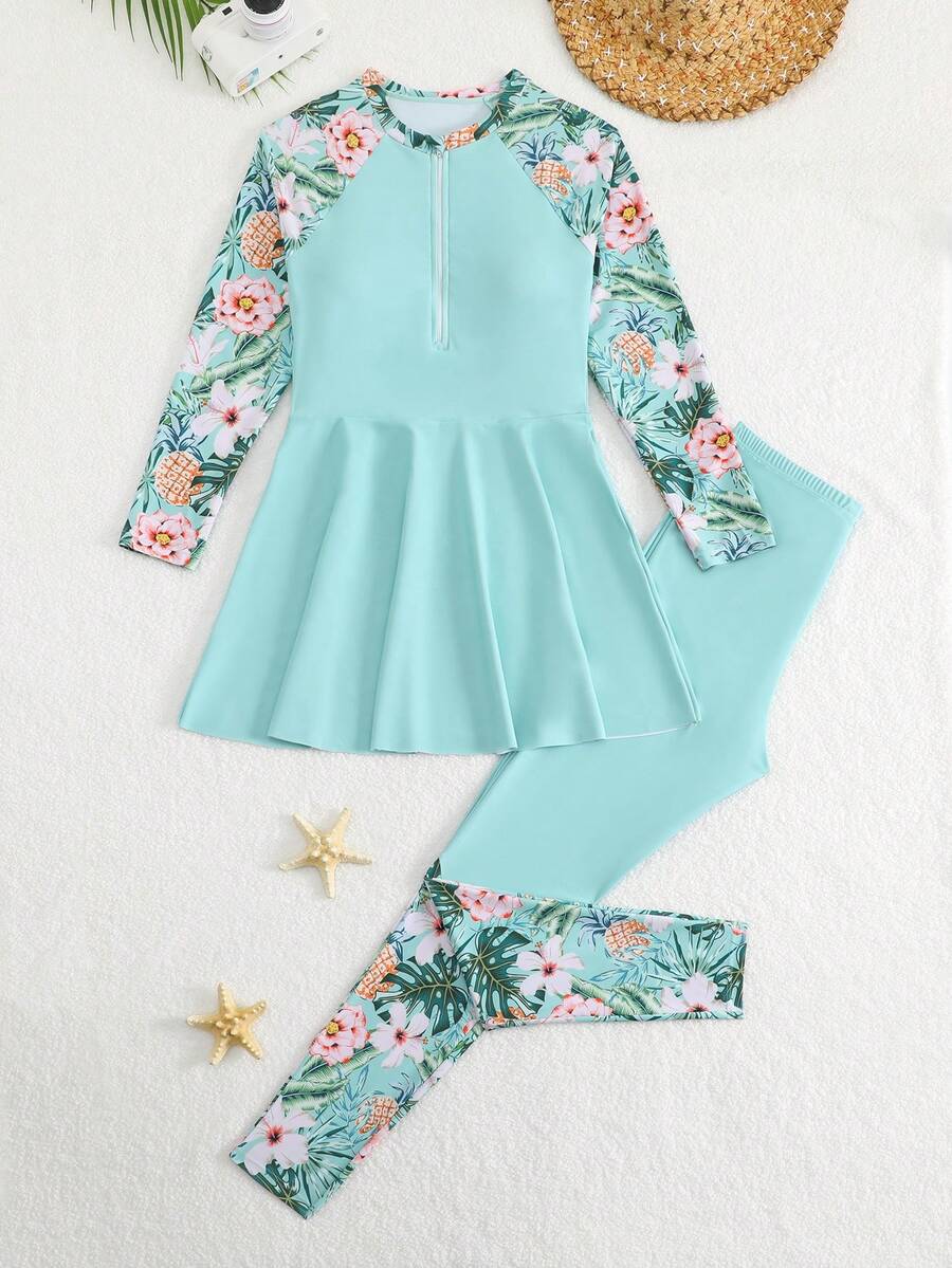 SHEIN 13-16歲青少年女孩長袖兩件式裙式泳衣套裝 時尚熱帶花卉印花拉鍊上衣泳衣 適合夏季休閒度假海灘沙灘泳池游泳 夏日假期派對 - 彩色 - 查看 1