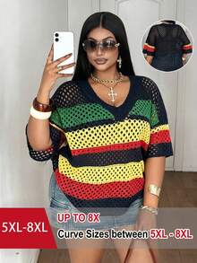 SHEIN CURVE+ 大码女装春夏休闲日常简约度假套装，复古奢华度假沙滩彩色V领落肩短袖镂空彩虹条纹撞色宽松显瘦大码针织套头毛衣 - 彩色 - 查看 1