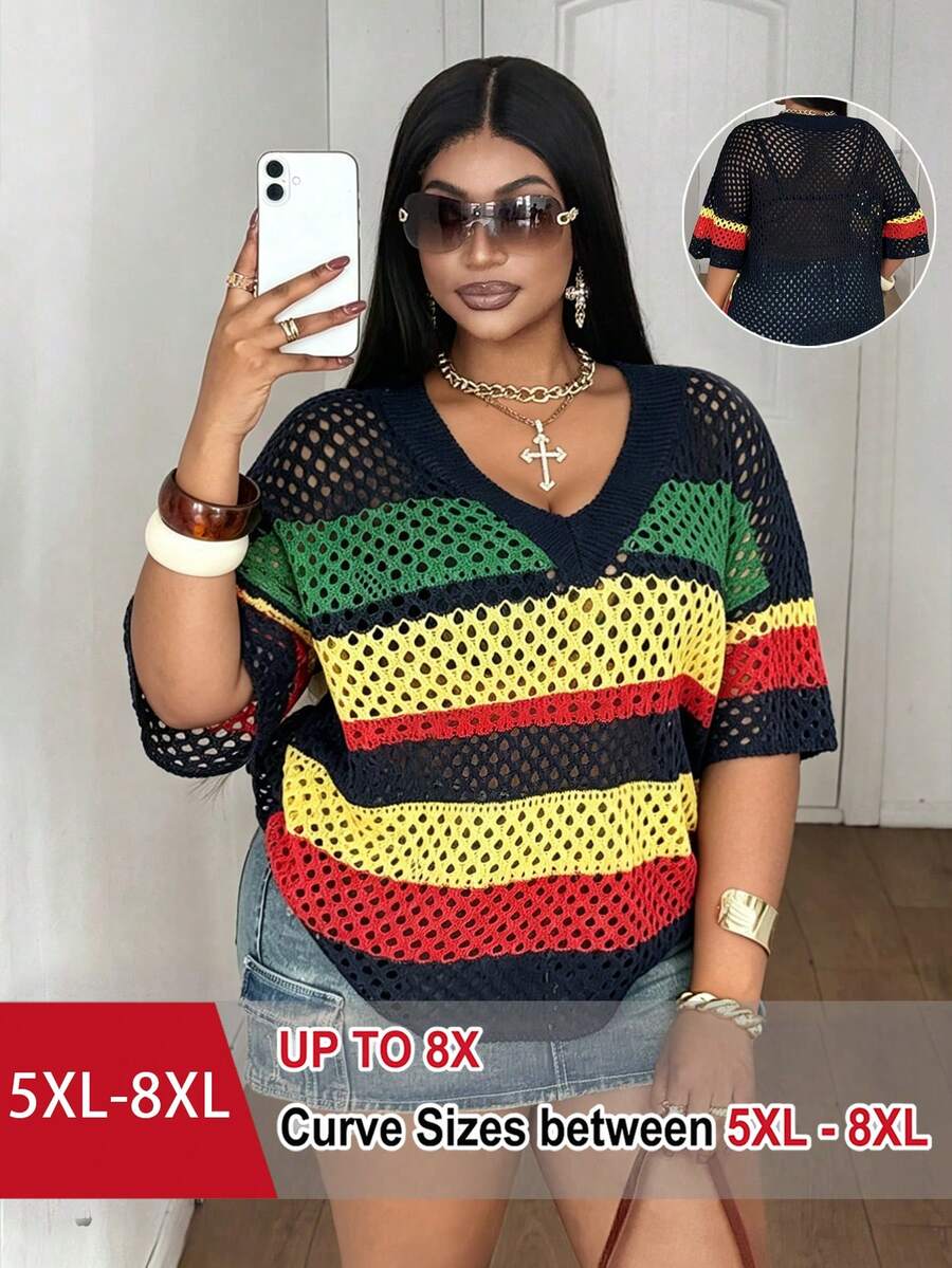 SHEIN CURVE+ 大码女装春夏休闲日常简约度假套装,复古奢华度假沙滩彩色V领落肩短袖镂空彩虹条纹撞色宽松显瘦大码针织套头毛衣 - 彩色 - 查看 1