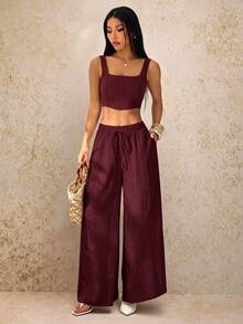 SHEIN PETITE New Spring/Summer Vacation Casual Fishbone Strap Top And Wide Leg Long Pants With Pockets 2 Pieces Set Textured Fabric Outfit - B - Burgundy - View 6
